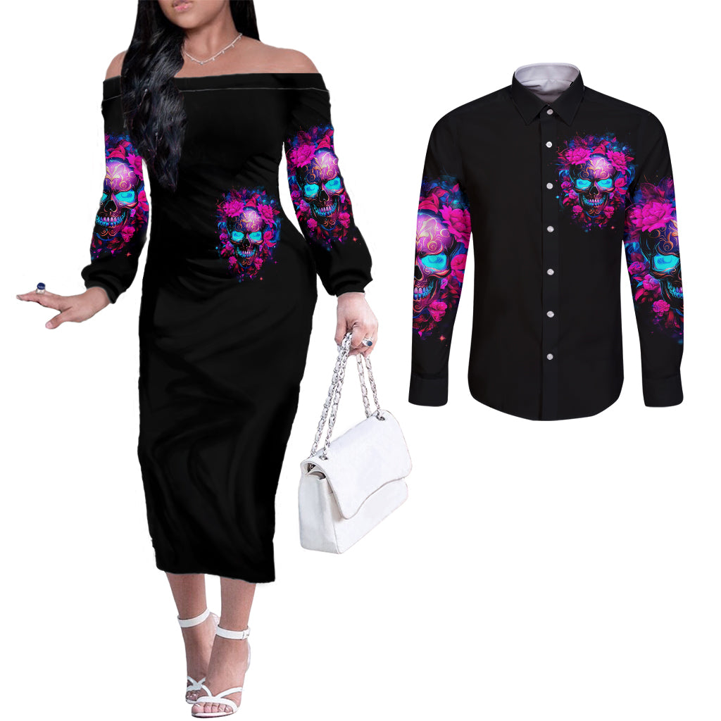 sugar-skull-couples-matching-off-the-shoulder-long-sleeve-dress-and-long-sleeve-button-shirt-my-attitude-is-as-big-as-my-butt-youve-been-warned