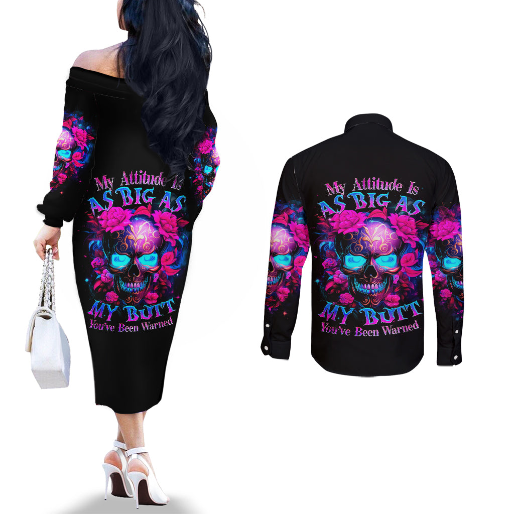 sugar-skull-couples-matching-off-the-shoulder-long-sleeve-dress-and-long-sleeve-button-shirt-my-attitude-is-as-big-as-my-butt-youve-been-warned