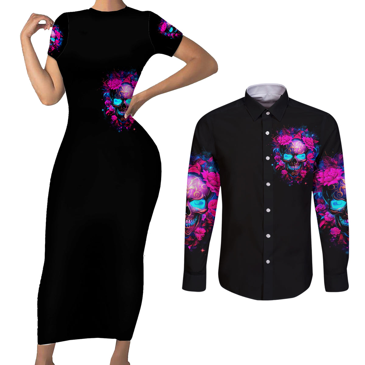 Sugar Skull Couples Matching Short Sleeve Bodycon Dress and Long Sleeve Button Shirt My Attitude Is As Big As My Butt You've Been Warned - Wonder Print Shop