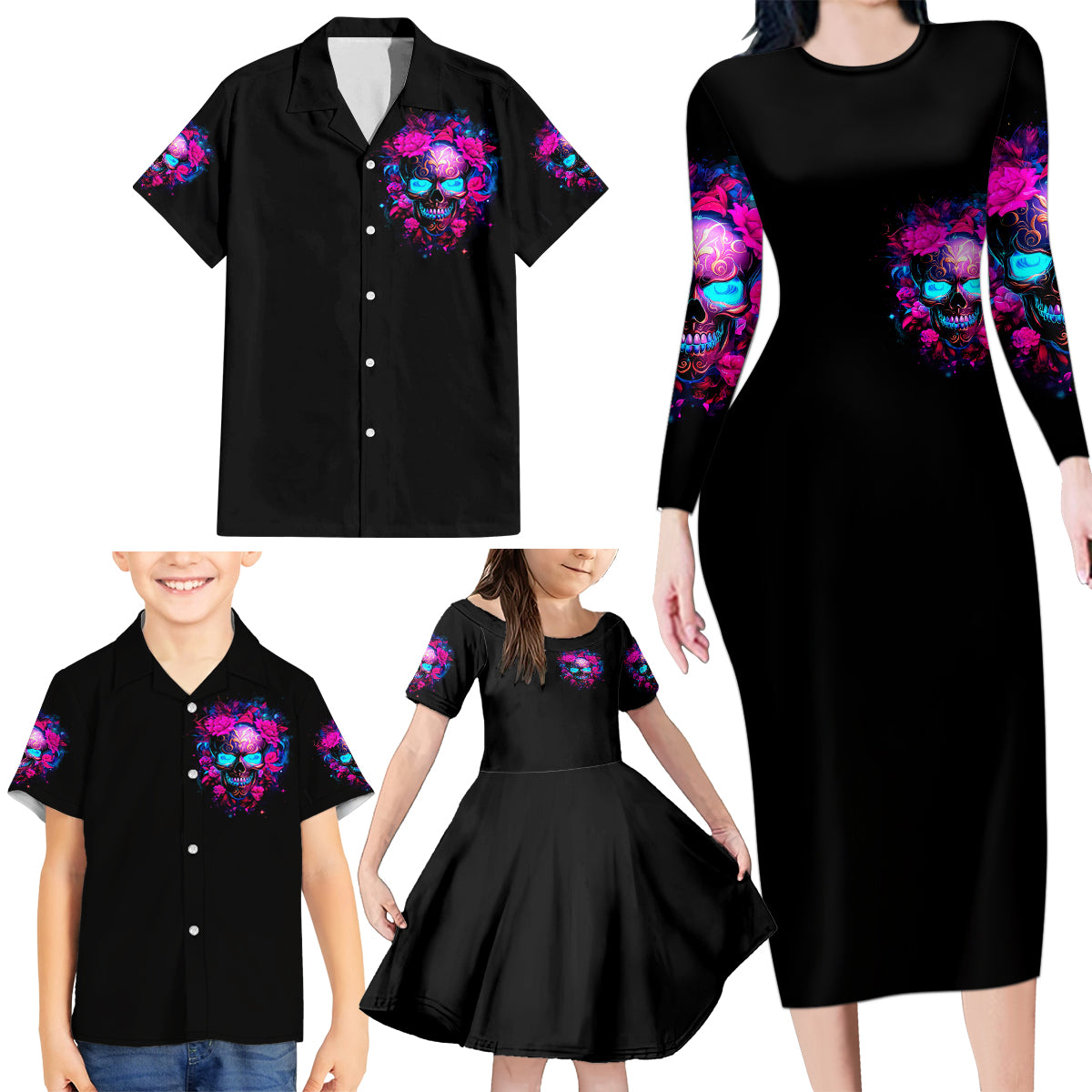 Sugar Skull Family Matching Long Sleeve Bodycon Dress and Hawaiian Shirt My Attitude Is As Big As My Butt You've Been Warned - Wonder Print Shop