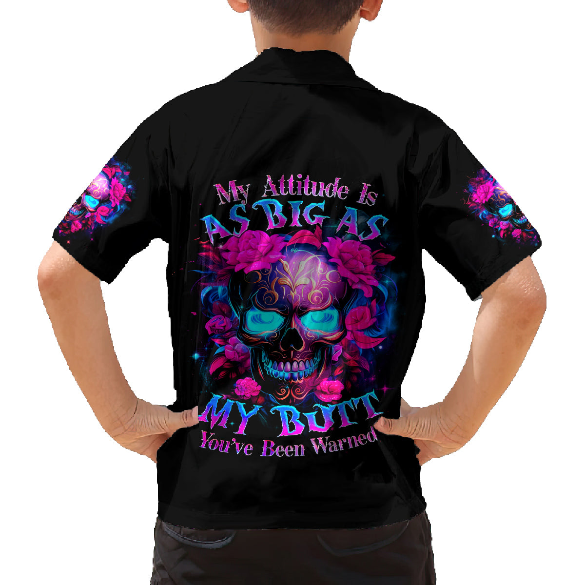 Sugar Skull Family Matching Off Shoulder Long Sleeve Dress and Hawaiian Shirt My Attitude Is As Big As My Butt You've Been Warned - Wonder Print Shop