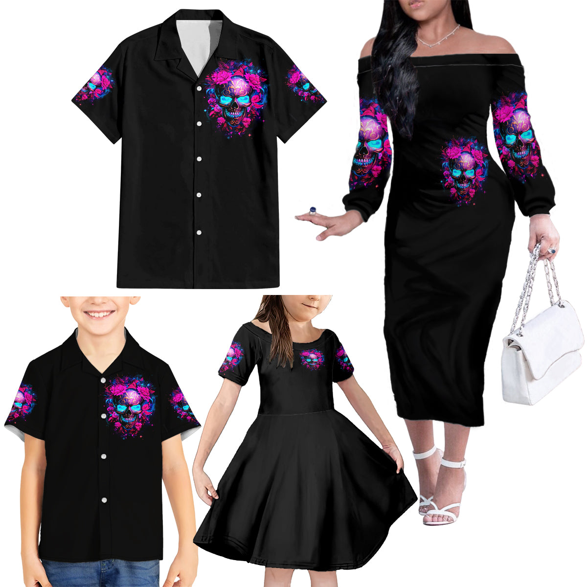 Sugar Skull Family Matching Off Shoulder Long Sleeve Dress and Hawaiian Shirt My Attitude Is As Big As My Butt You've Been Warned - Wonder Print Shop