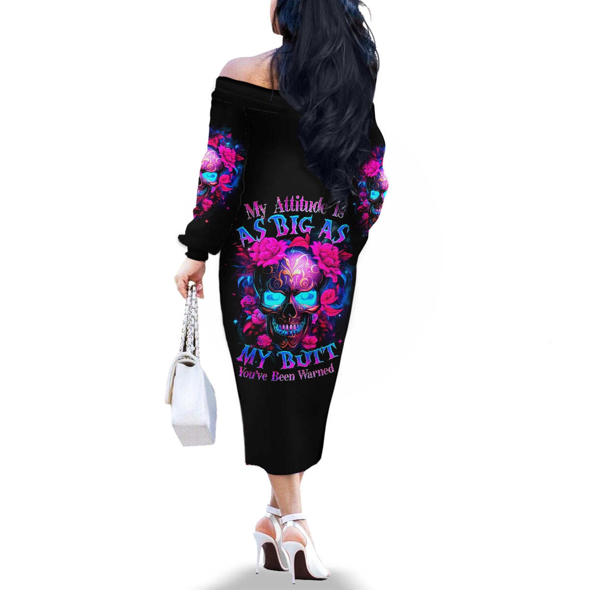 Sugar Skull Family Matching Off Shoulder Long Sleeve Dress and Hawaiian Shirt My Attitude Is As Big As My Butt You've Been Warned - Wonder Print Shop