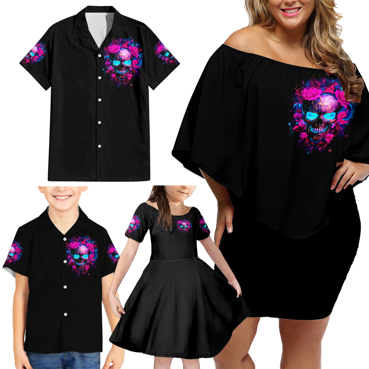 Sugar Skull Family Matching Off Shoulder Short Dress and Hawaiian Shirt My Attitude Is As Big As My Butt You've Been Warned - Wonder Print Shop