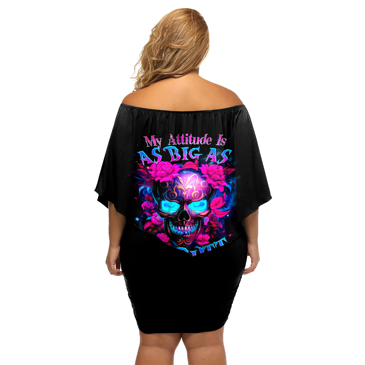 Sugar Skull Family Matching Off Shoulder Short Dress and Hawaiian Shirt My Attitude Is As Big As My Butt You've Been Warned - Wonder Print Shop