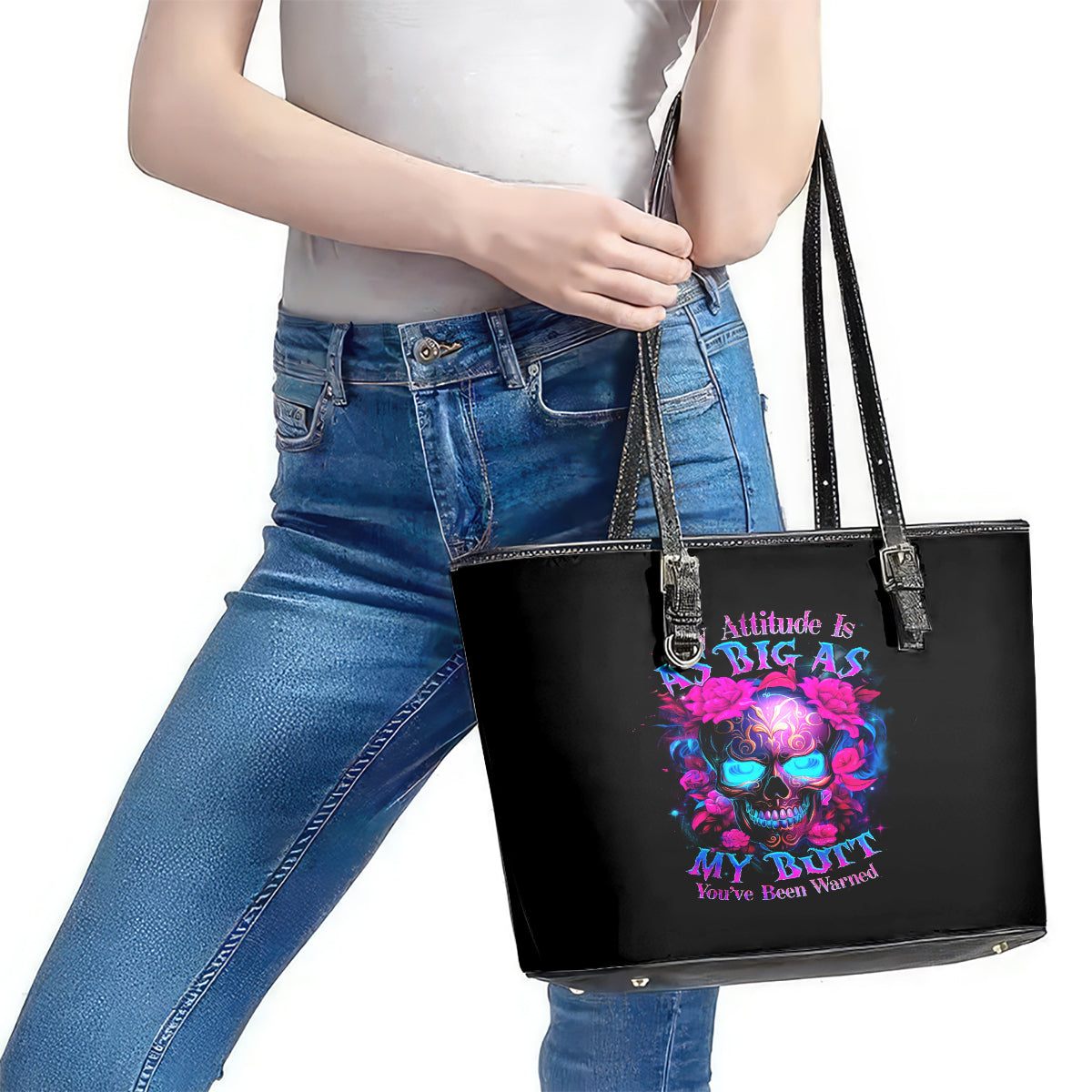 Sugar Skull Leather Tote Bag My Attitude Is As Big As My Butt You've Been Warned - Wonder Print Shop