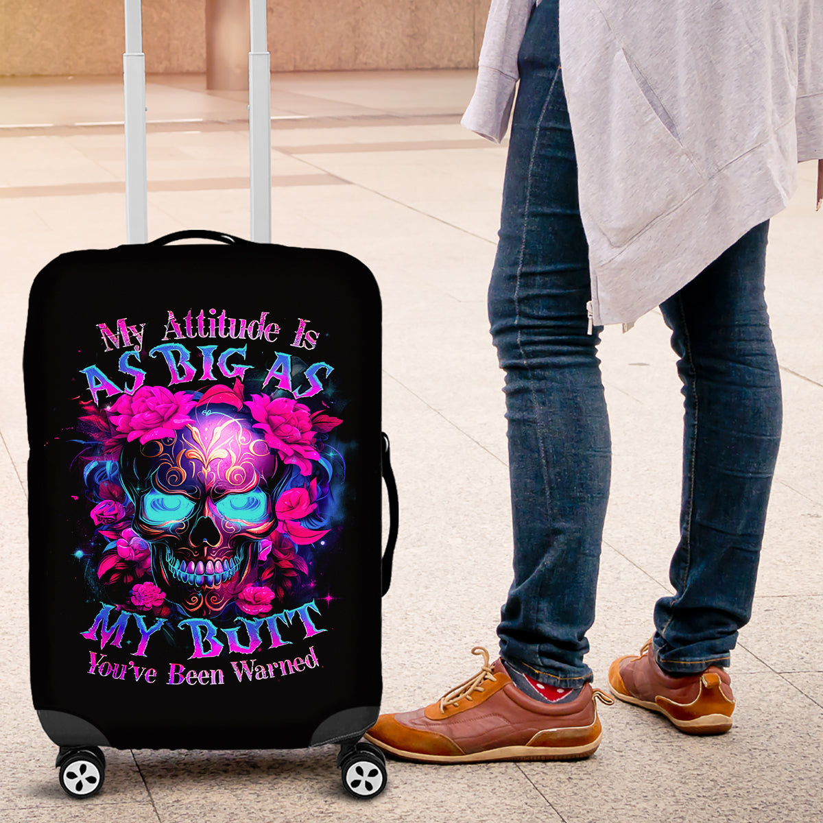 Sugar Skull Luggage Cover My Attitude Is As Big As My Butt You've Been Warned - Wonder Print Shop