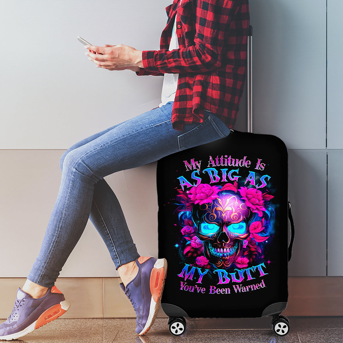 Sugar Skull Luggage Cover My Attitude Is As Big As My Butt You've Been Warned - Wonder Print Shop