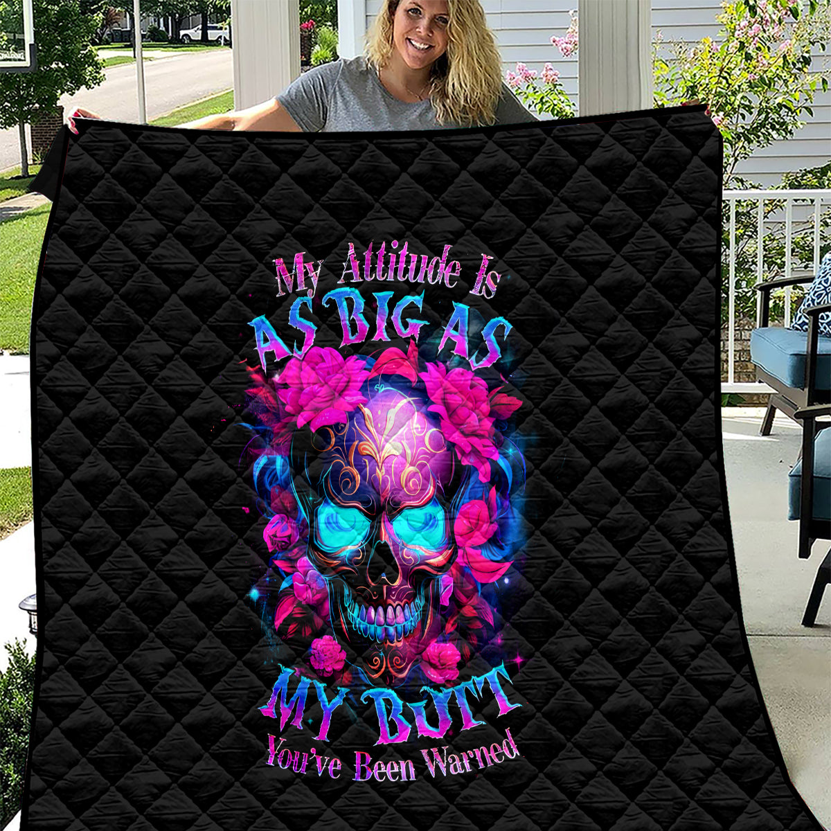 Sugar Skull Quilt My Attitude Is As Big As My Butt You've Been Warned - Wonder Print Shop