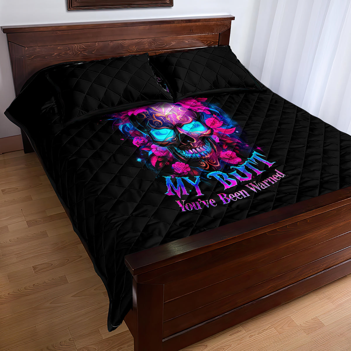 Sugar Skull Quilt Bed Set My Attitude Is As Big As My Butt You've Been Warned - Wonder Print Shop