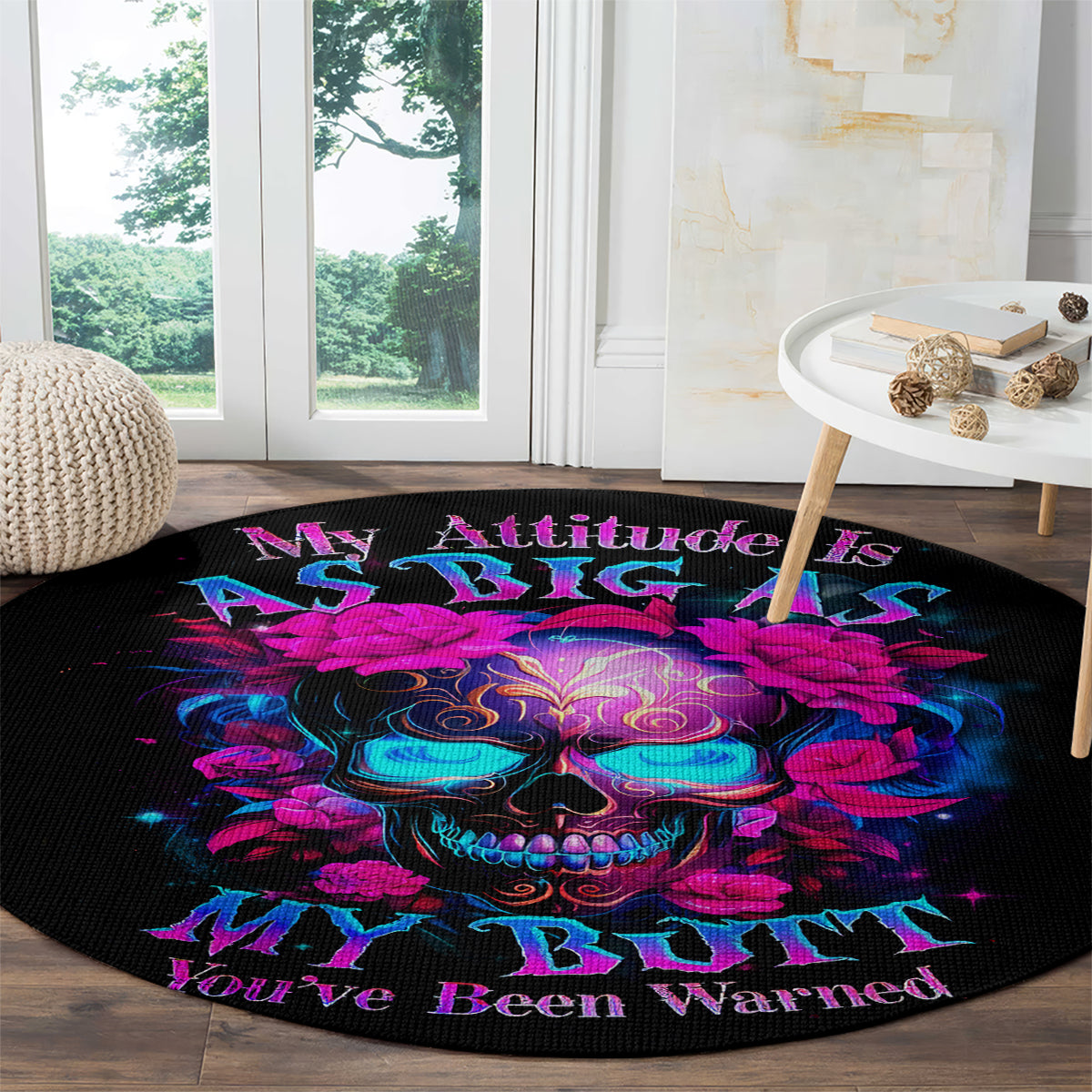 sugar-skull-round-carpet-my-attitude-is-as-big-as-my-butt-youve-been-warned