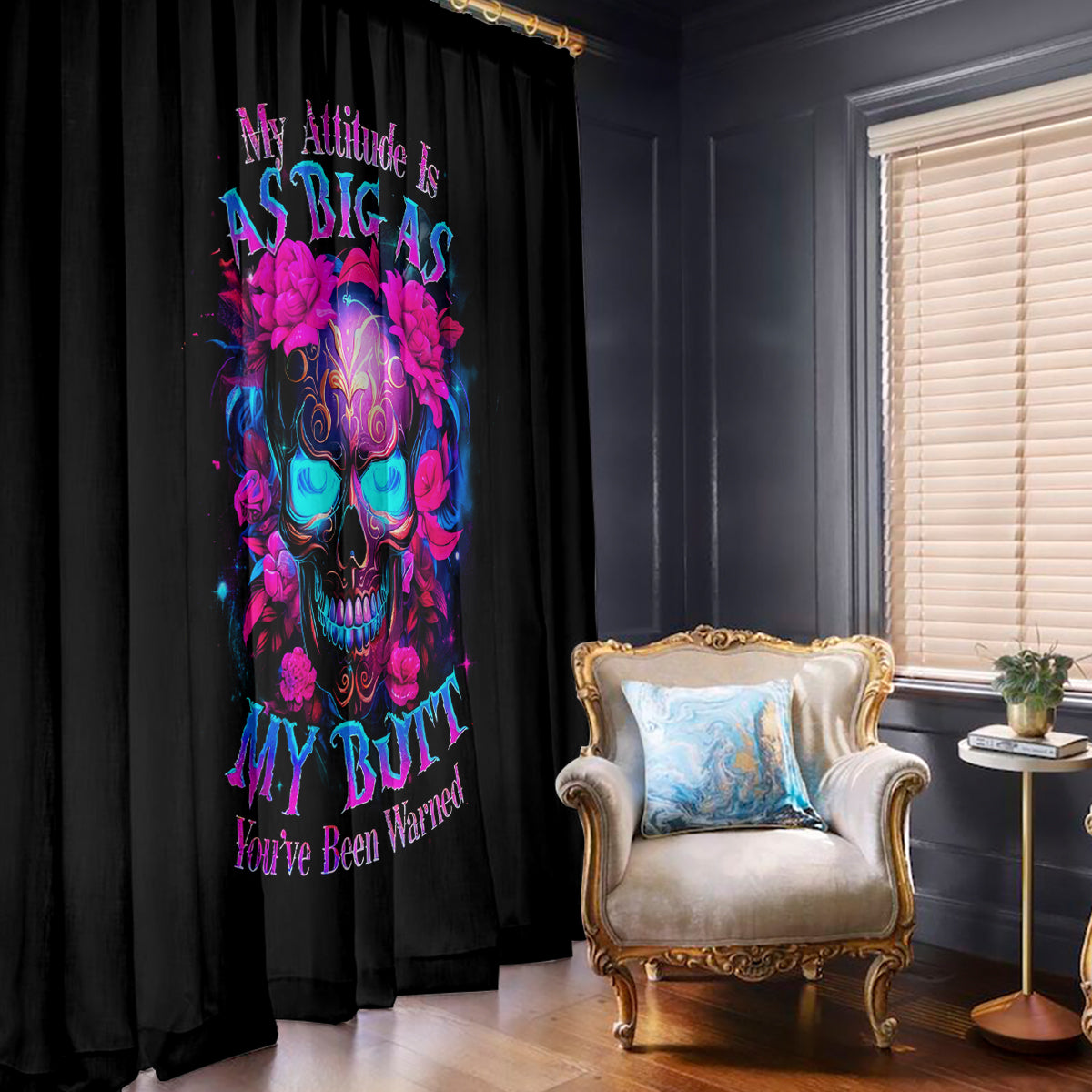 Sugar Skull Window Curtain My Attitude Is As Big As My Butt You've Been Warned - Wonder Print Shop