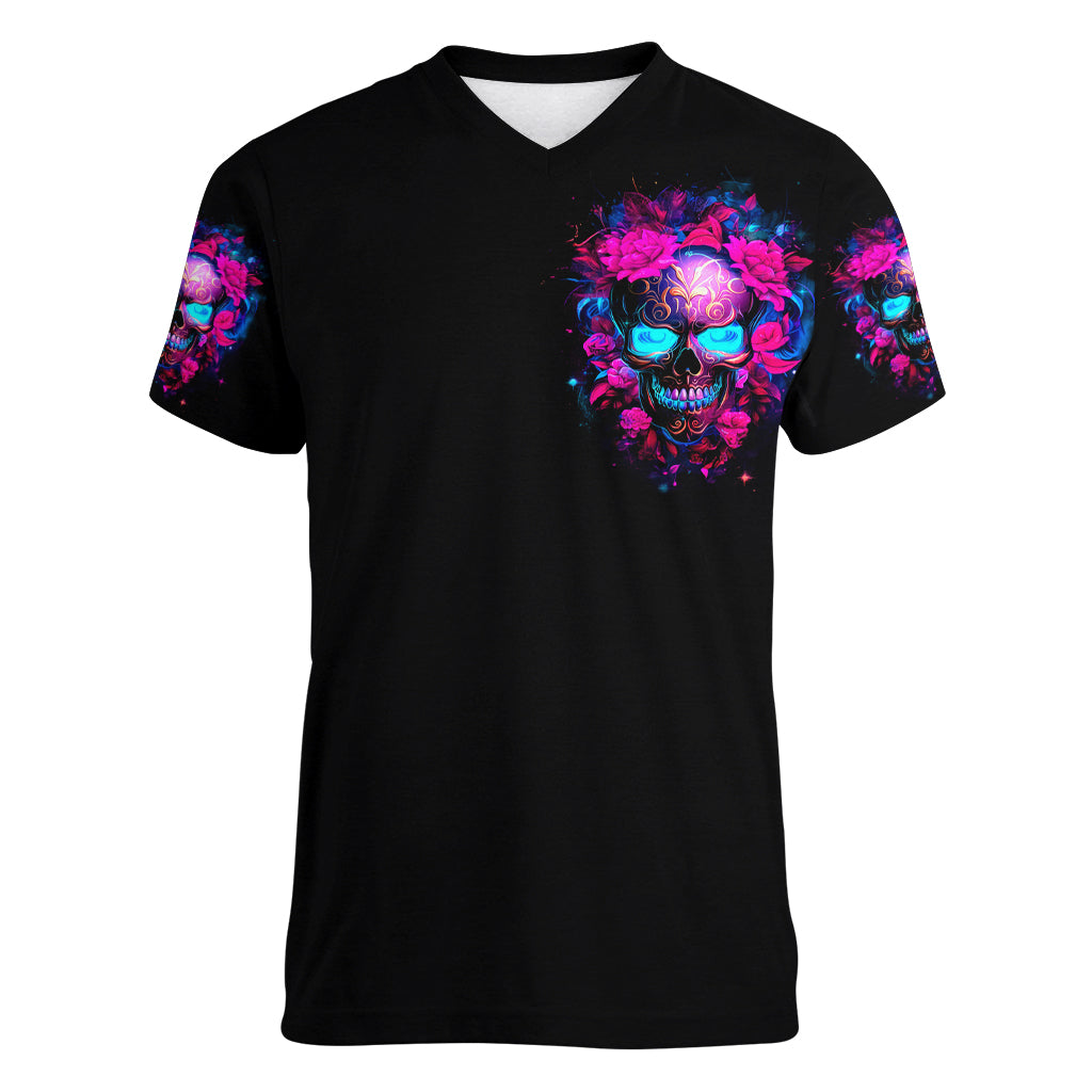 Sugar Skull Women V Neck T Shirt My Attitude Is As Big As My Butt You've Been Warned - Wonder Print Shop