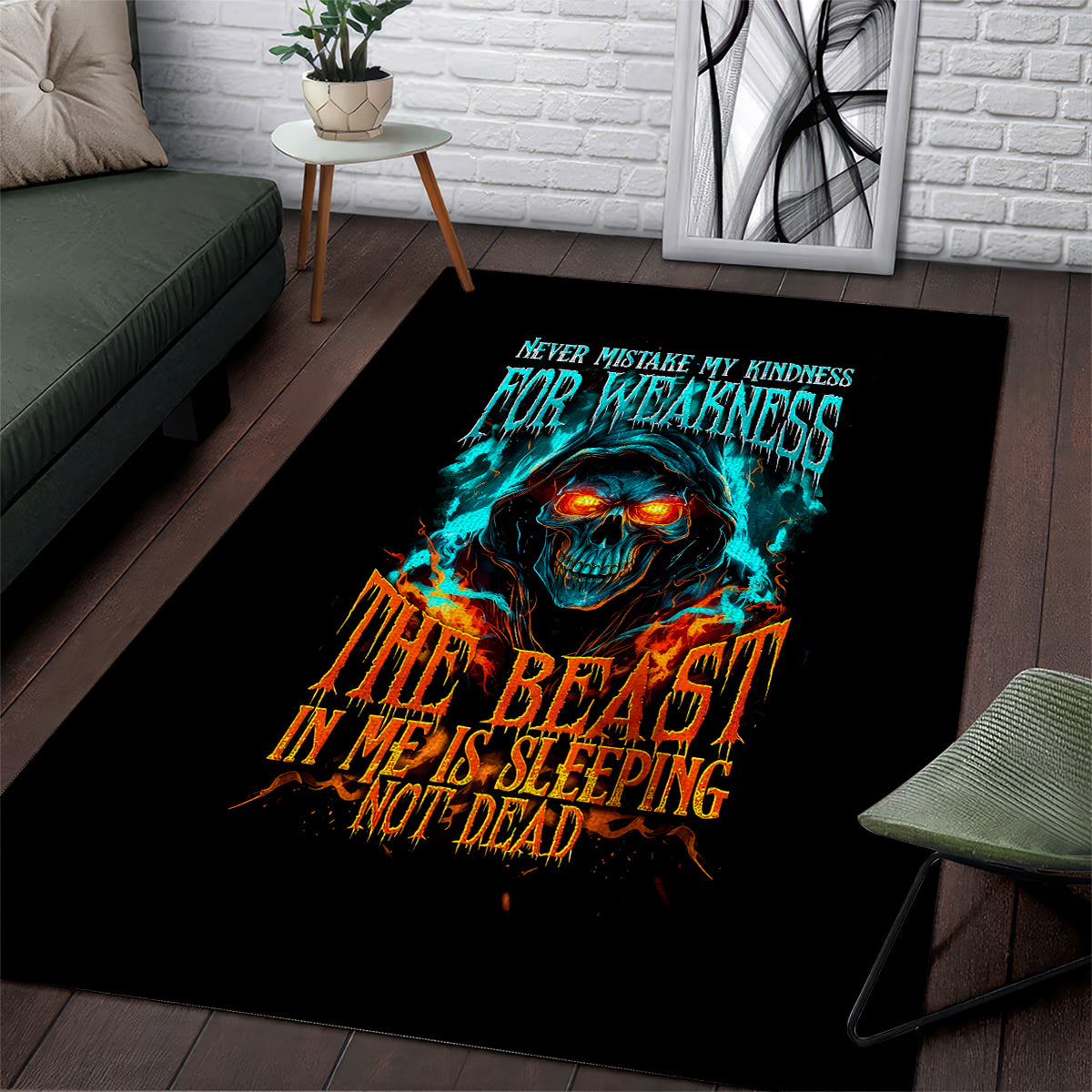 Flame Skull Area Rug Never Mistake My Kindness For Weakness The Beast In Me Is Sleeping Noe Dead - Wonder Print Shop