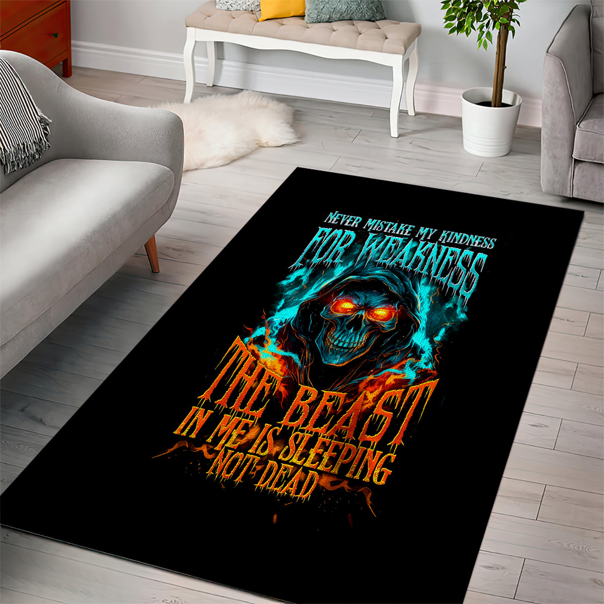 Flame Skull Area Rug Never Mistake My Kindness For Weakness The Beast In Me Is Sleeping Noe Dead - Wonder Print Shop