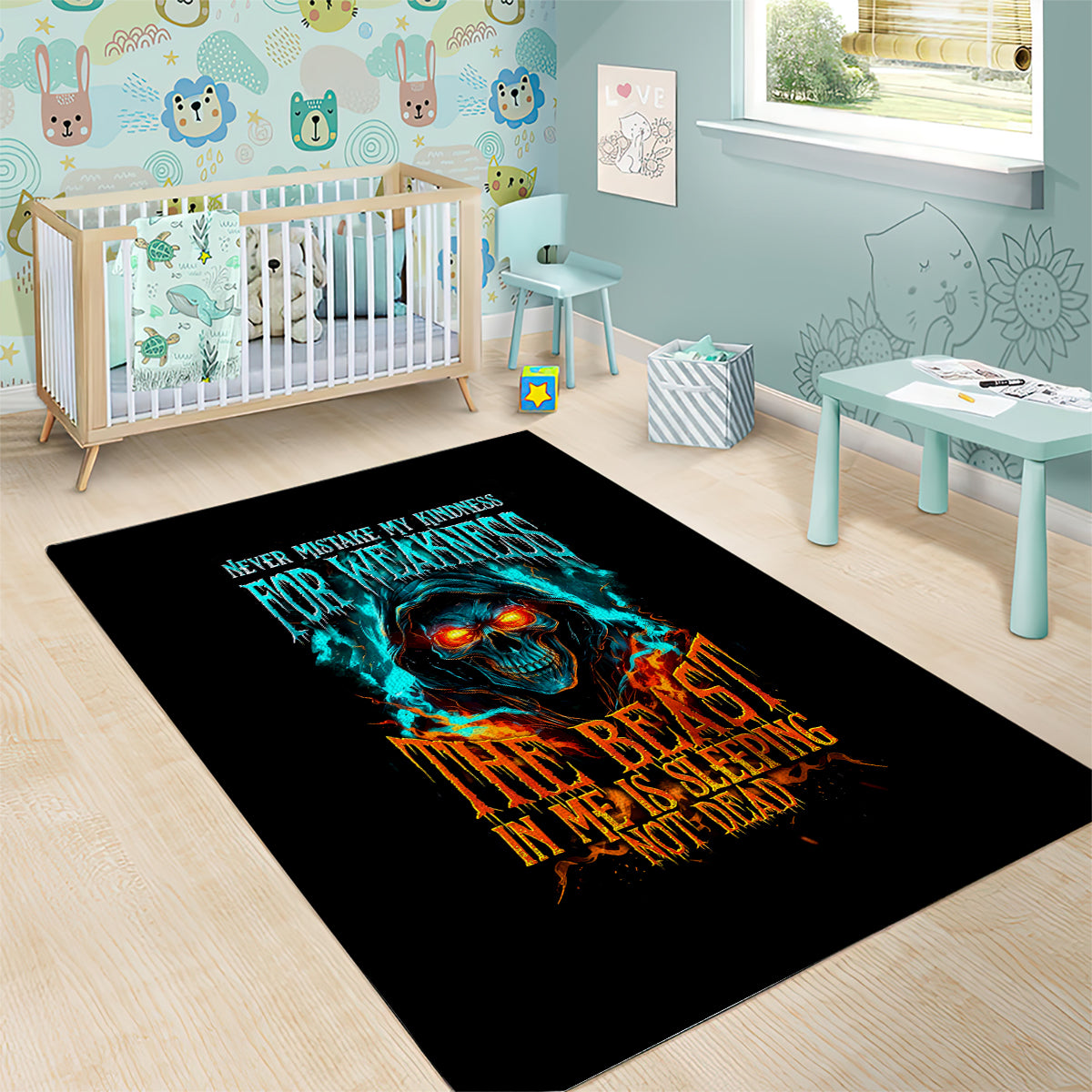 Flame Skull Area Rug Never Mistake My Kindness For Weakness The Beast In Me Is Sleeping Noe Dead - Wonder Print Shop