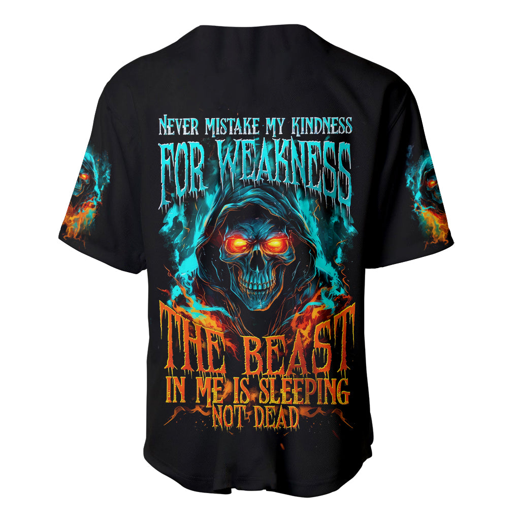 Flame Skull Baseball Jersey Never Mistake My Kindness For Weakness The Beast In Me Is Sleeping Noe Dead - Wonder Print Shop