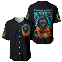 Flame Skull Baseball Jersey Never Mistake My Kindness For Weakness The Beast In Me Is Sleeping Noe Dead - Wonder Print Shop