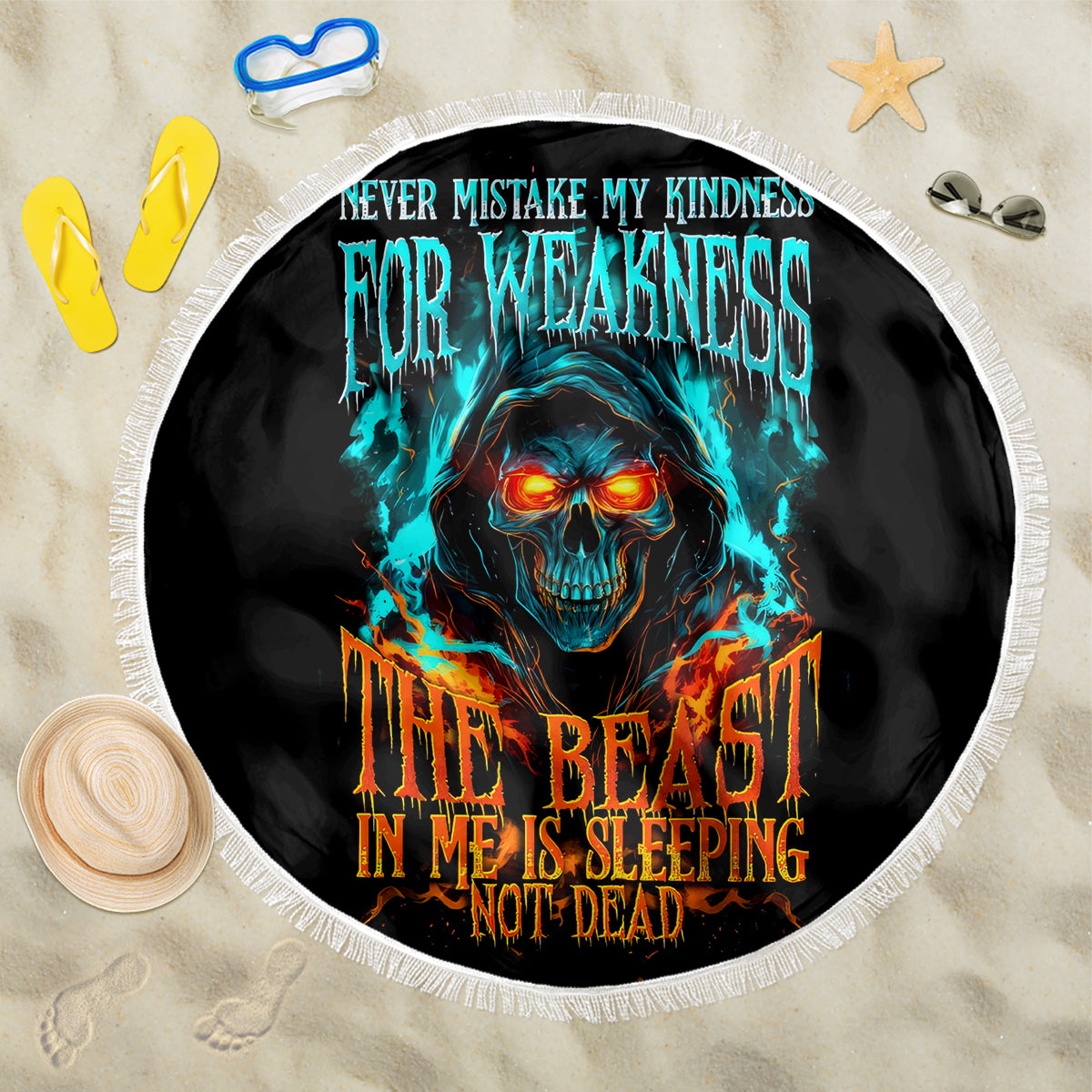 Flame Skull Beach Blanket Never Mistake My Kindness For Weakness The Beast In Me Is Sleeping Noe Dead - Wonder Print Shop