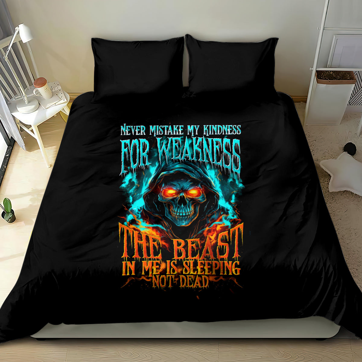 Flame Skull Bedding Set Never Mistake My Kindness For Weakness The Beast In Me Is Sleeping Noe Dead - Wonder Print Shop