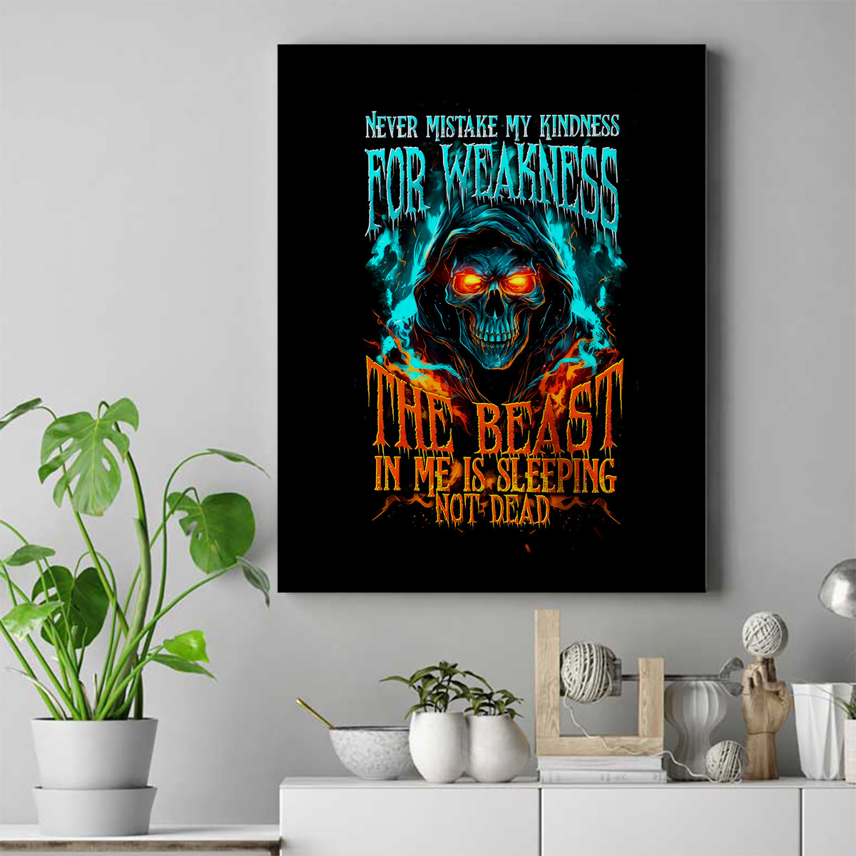 Flame Skull Canvas Wall Art Never Mistake My Kindness For Weakness The Beast In Me Is Sleeping Noe Dead - Wonder Print Shop