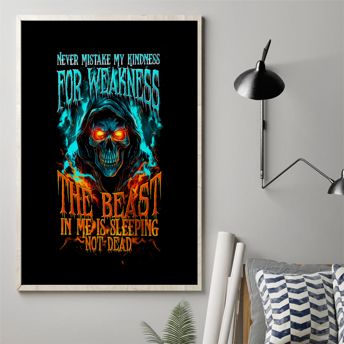 Flame Skull Canvas Wall Art Never Mistake My Kindness For Weakness The Beast In Me Is Sleeping Noe Dead - Wonder Print Shop