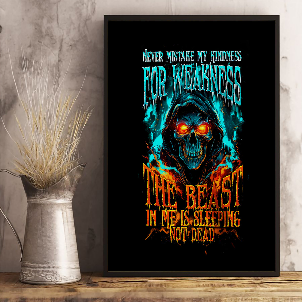 Flame Skull Canvas Wall Art Never Mistake My Kindness For Weakness The Beast In Me Is Sleeping Noe Dead - Wonder Print Shop