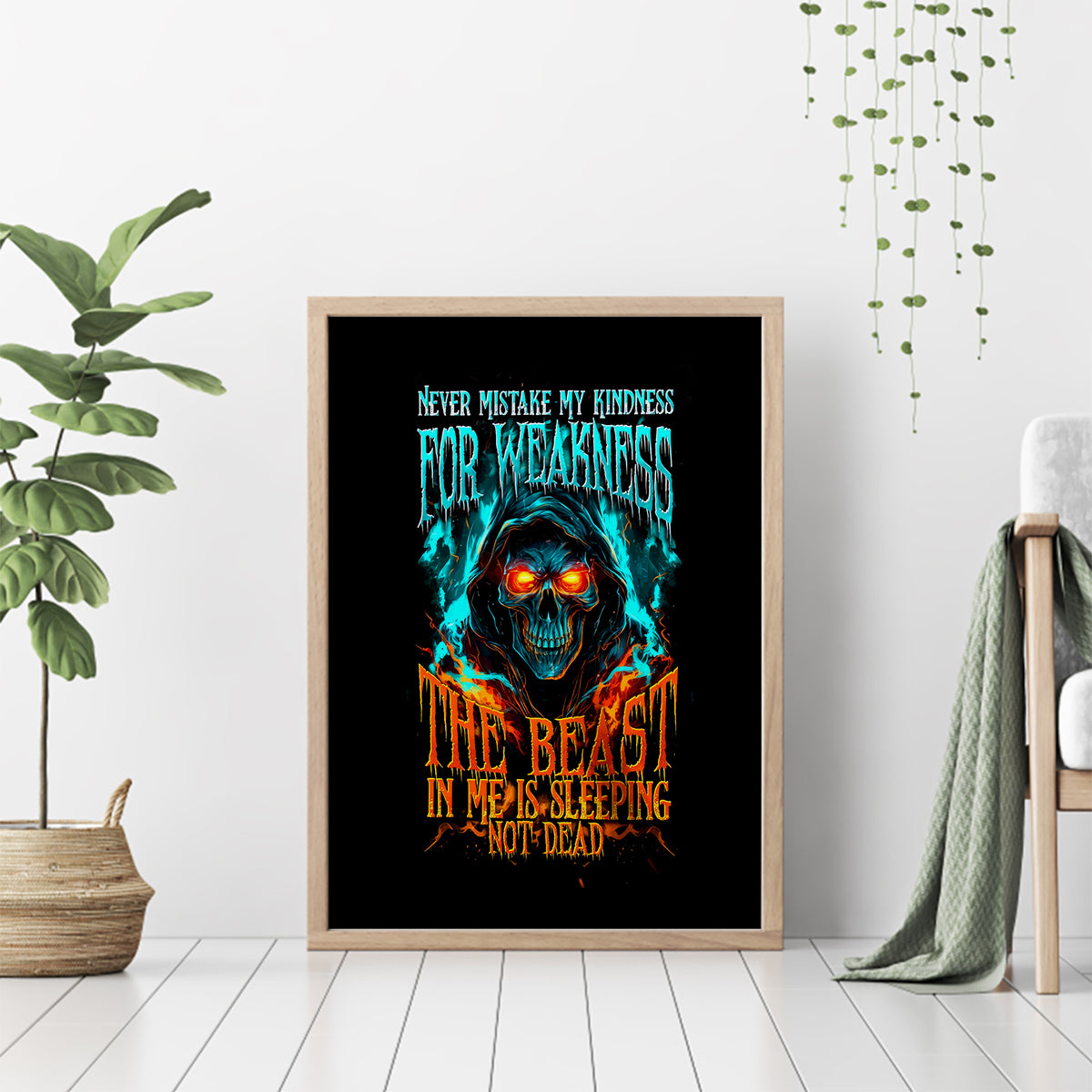 Flame Skull Canvas Wall Art Never Mistake My Kindness For Weakness The Beast In Me Is Sleeping Noe Dead - Wonder Print Shop