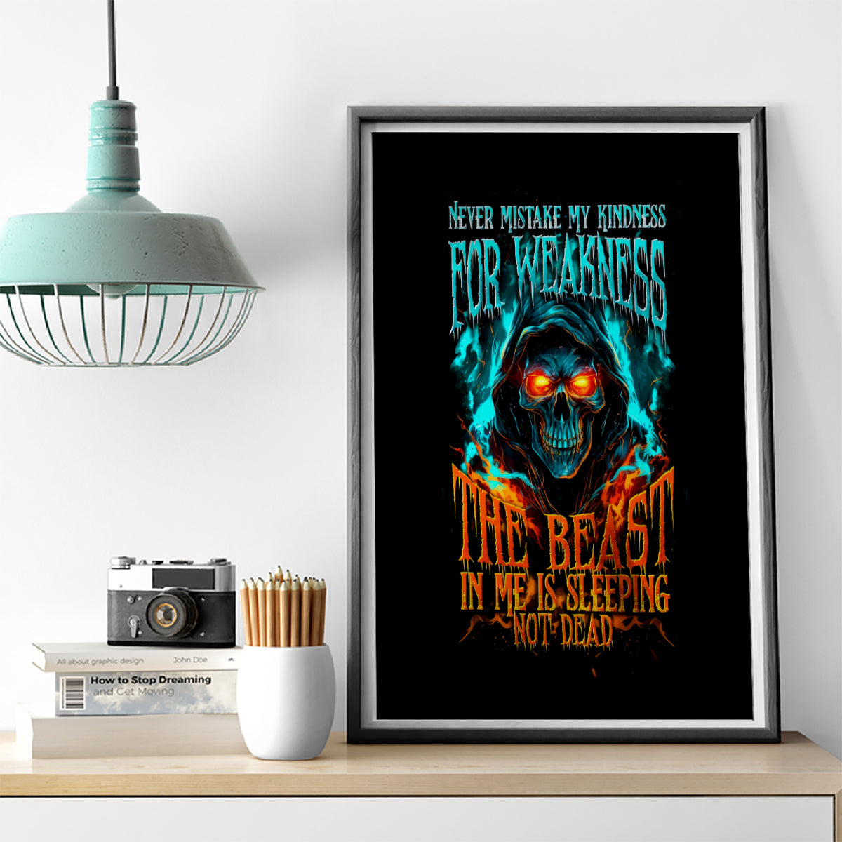 Flame Skull Canvas Wall Art Never Mistake My Kindness For Weakness The Beast In Me Is Sleeping Noe Dead - Wonder Print Shop