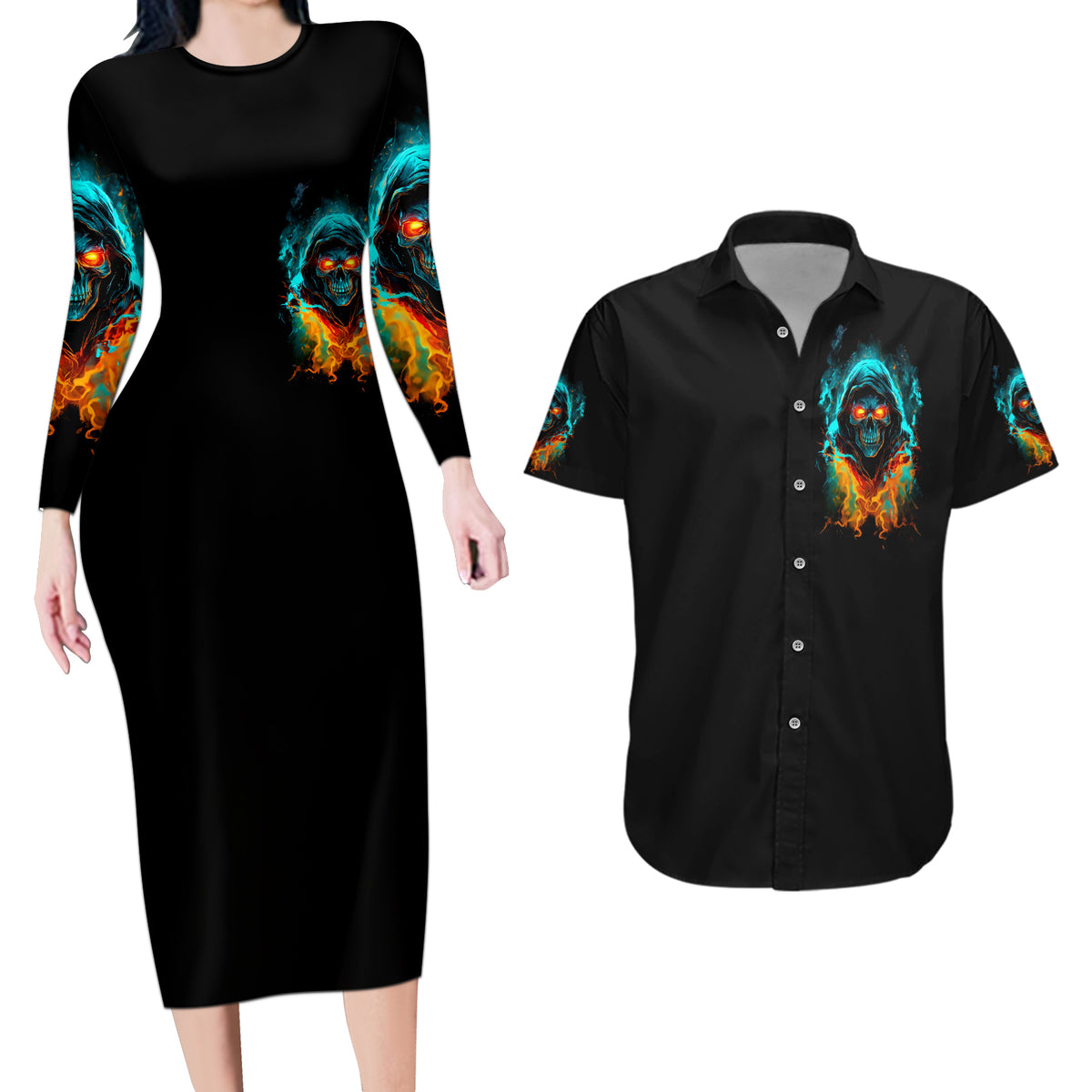Flame Skull Couples Matching Long Sleeve Bodycon Dress and Hawaiian Shirt Never Mistake My Kindness For Weakness The Beast In Me Is Sleeping Noe Dead - Wonder Print Shop