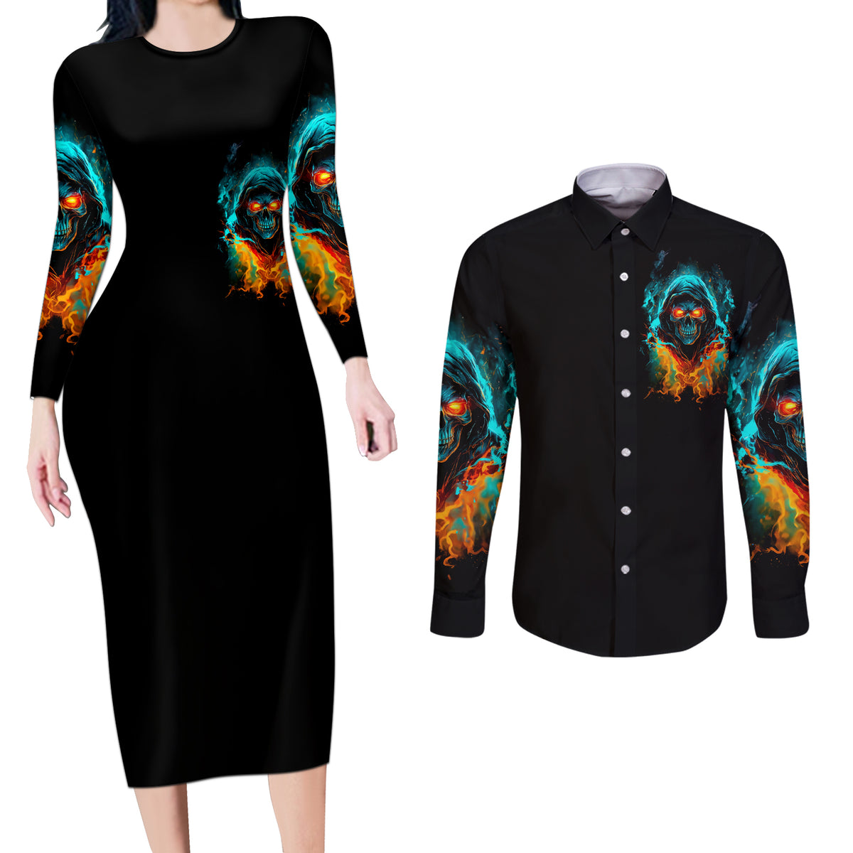 Flame Skull Couples Matching Long Sleeve Bodycon Dress and Long Sleeve Button Shirt Never Mistake My Kindness For Weakness The Beast In Me Is Sleeping Noe Dead - Wonder Print Shop