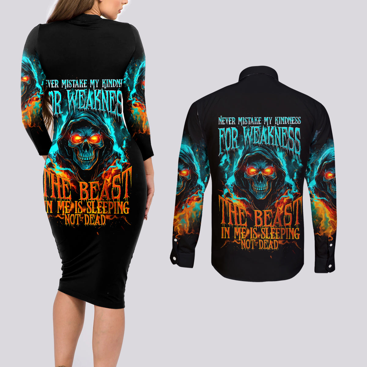 Flame Skull Couples Matching Long Sleeve Bodycon Dress and Long Sleeve Button Shirt Never Mistake My Kindness For Weakness The Beast In Me Is Sleeping Noe Dead - Wonder Print Shop
