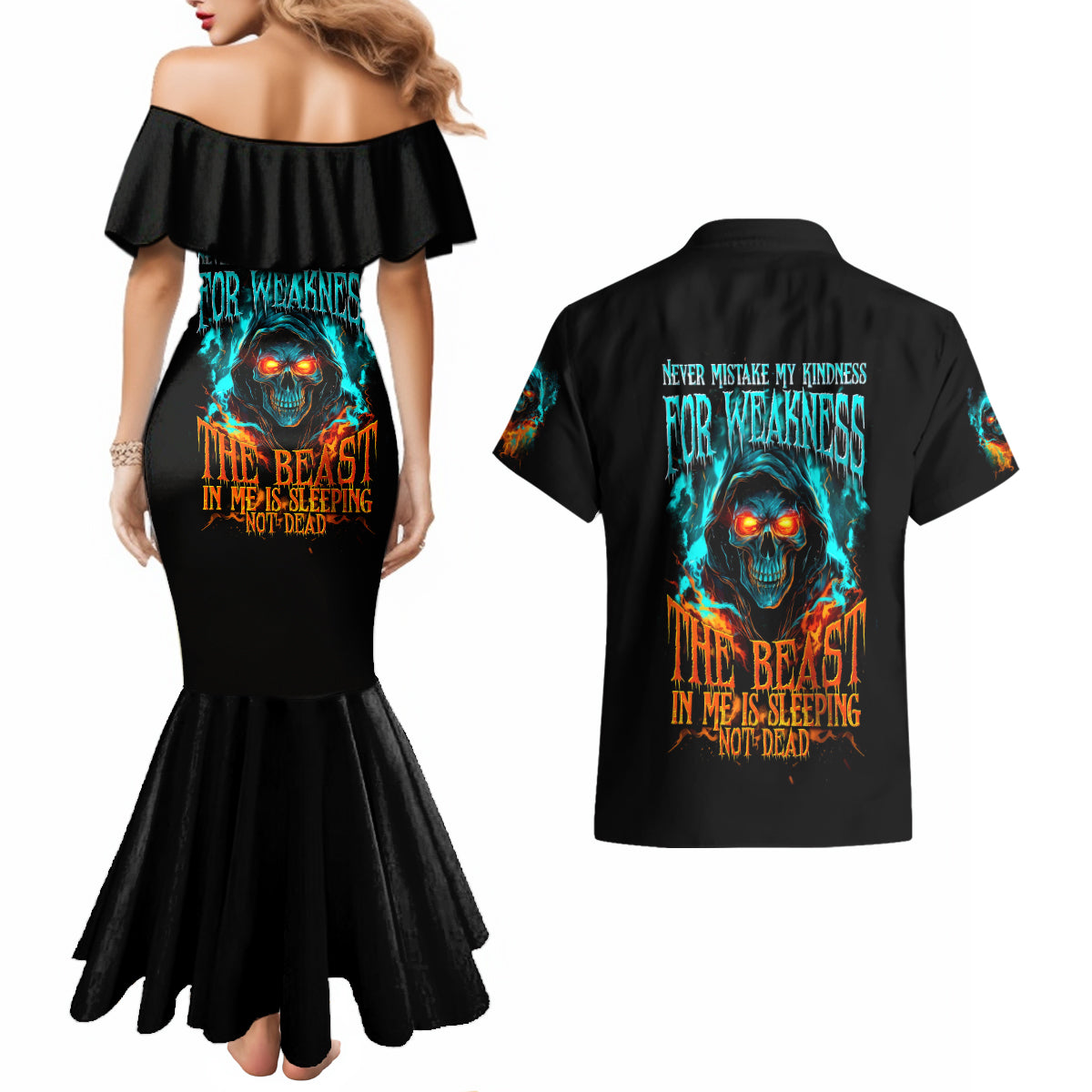 Flame Skull Couples Matching Mermaid Dress and Hawaiian Shirt Never Mistake My Kindness For Weakness The Beast In Me Is Sleeping Noe Dead - Wonder Print Shop