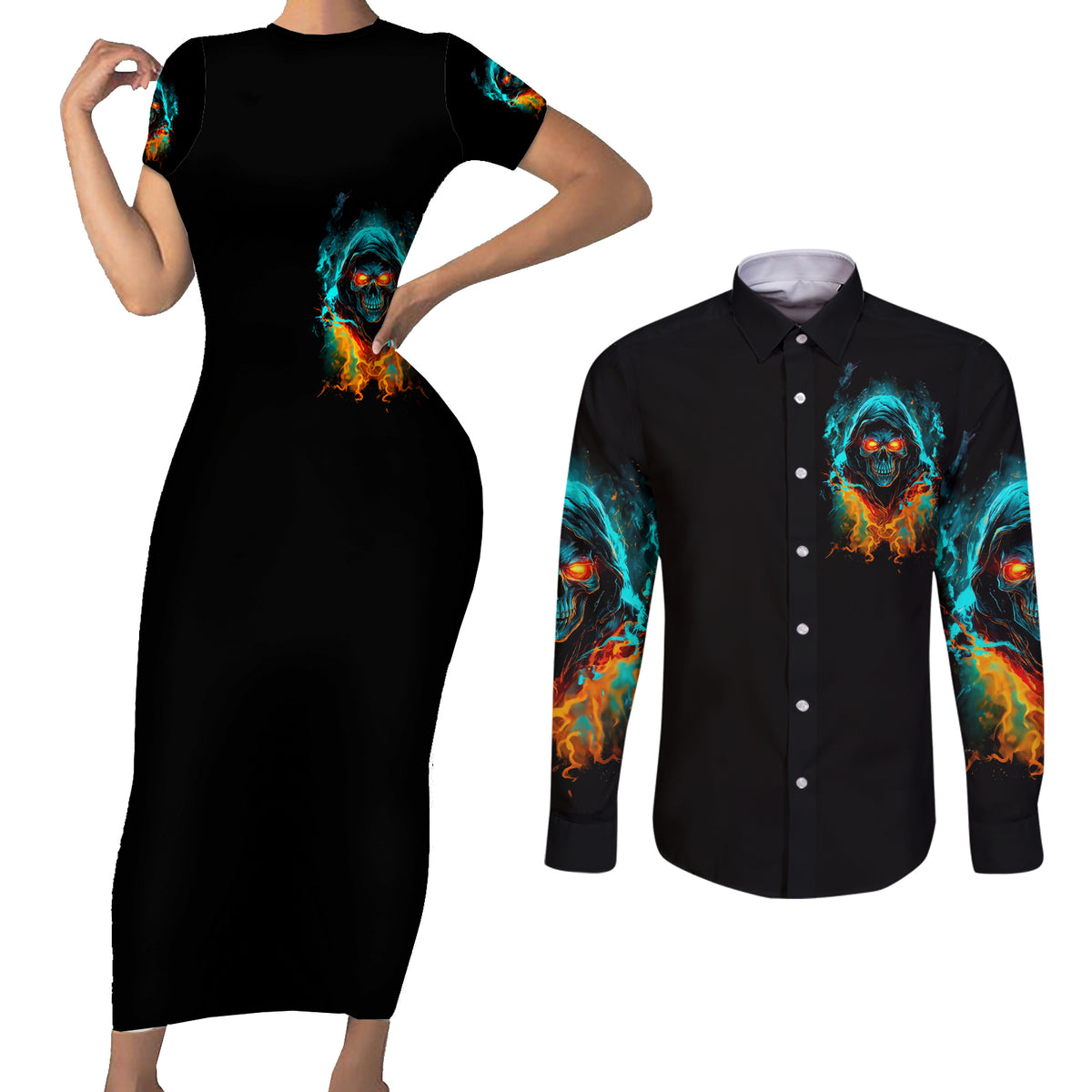 Flame Skull Couples Matching Short Sleeve Bodycon Dress and Long Sleeve Button Shirt Never Mistake My Kindness For Weakness The Beast In Me Is Sleeping Noe Dead - Wonder Print Shop