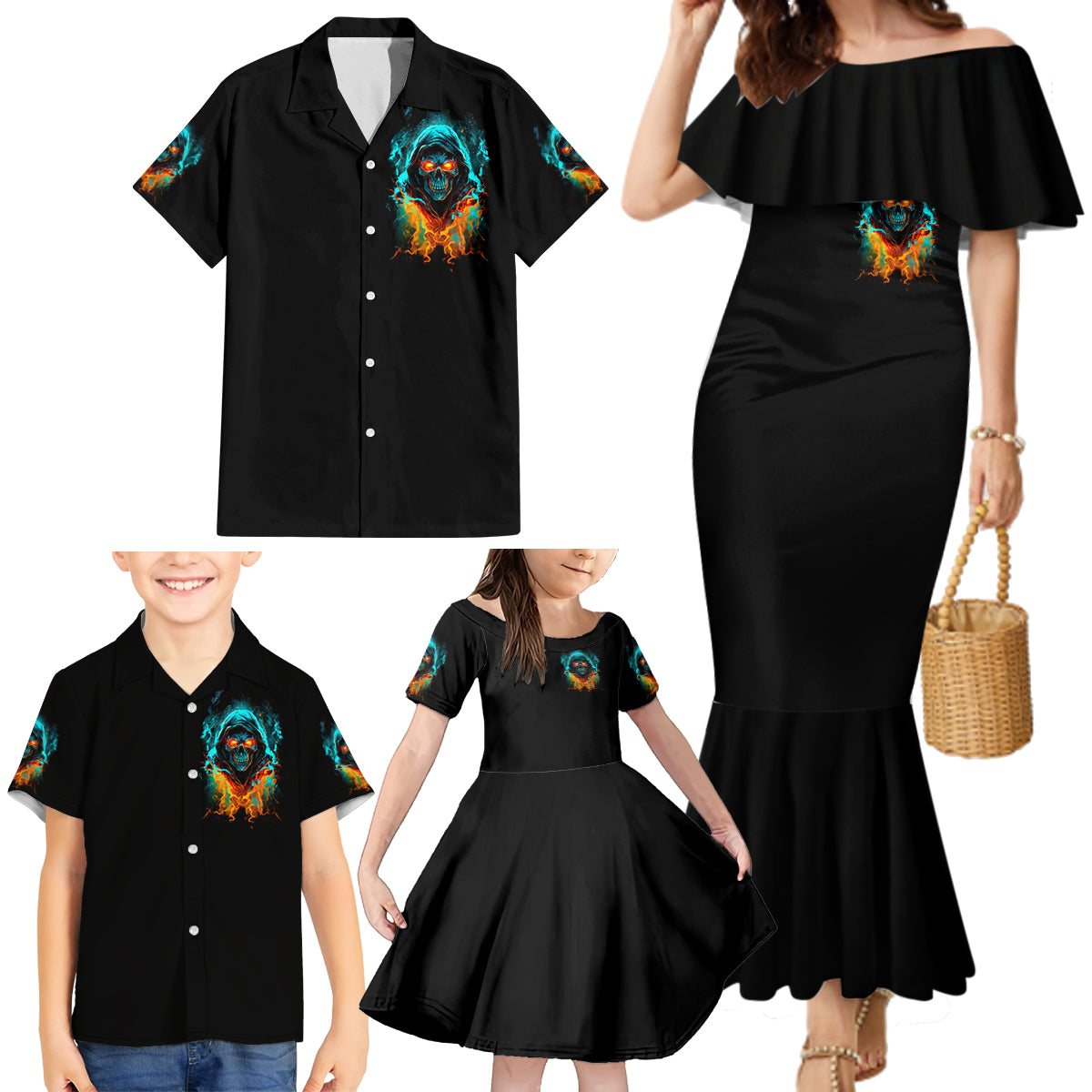 Flame Skull Family Matching Mermaid Dress and Hawaiian Shirt Never Mistake My Kindness For Weakness The Beast In Me Is Sleeping Noe Dead - Wonder Print Shop