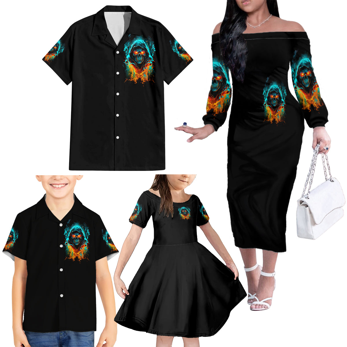 Flame Skull Family Matching Off Shoulder Long Sleeve Dress and Hawaiian Shirt Never Mistake My Kindness For Weakness The Beast In Me Is Sleeping Noe Dead - Wonder Print Shop