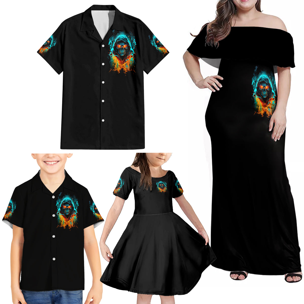 Flame Skull Family Matching Off Shoulder Maxi Dress and Hawaiian Shirt Never Mistake My Kindness For Weakness The Beast In Me Is Sleeping Noe Dead - Wonder Print Shop