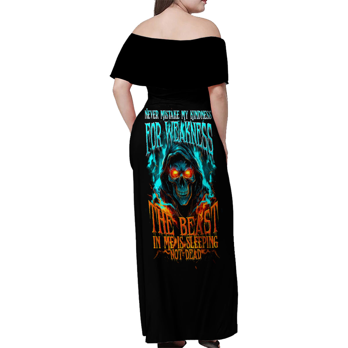 Flame Skull Family Matching Off Shoulder Maxi Dress and Hawaiian Shirt Never Mistake My Kindness For Weakness The Beast In Me Is Sleeping Noe Dead - Wonder Print Shop