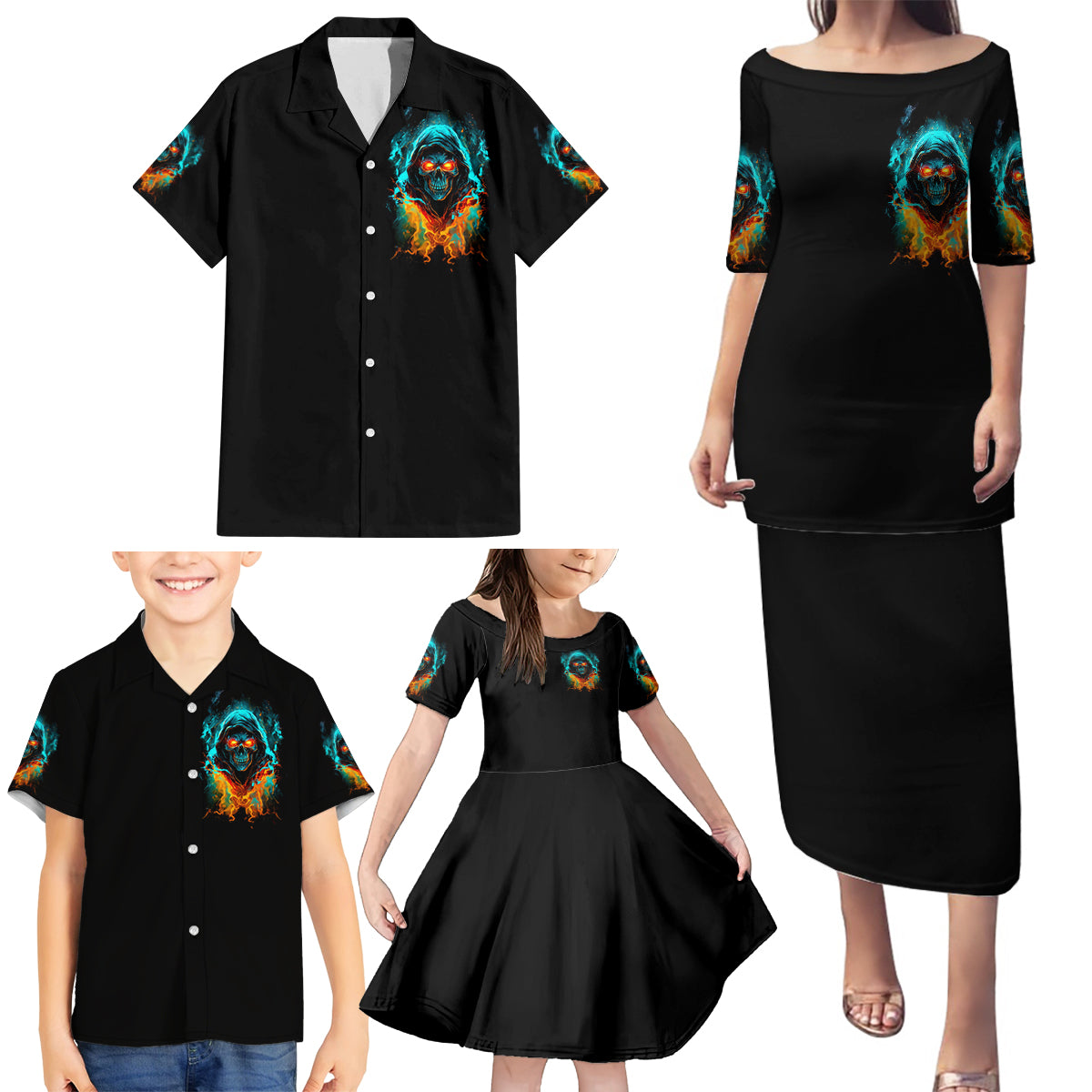 Flame Skull Family Matching Puletasi Dress and Hawaiian Shirt Never Mistake My Kindness For Weakness The Beast In Me Is Sleeping Noe Dead - Wonder Print Shop