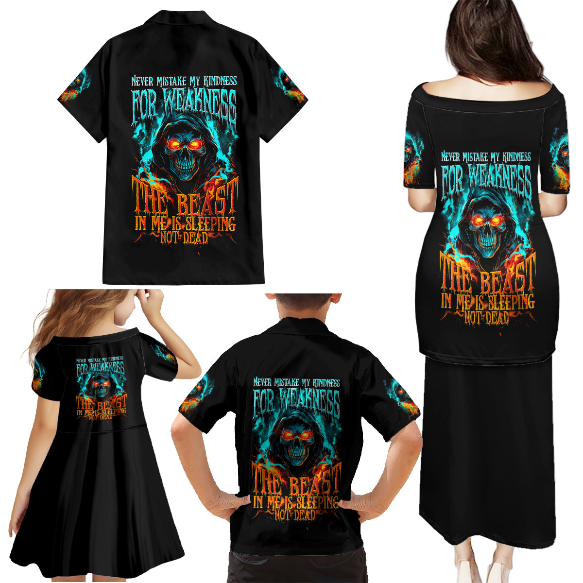 Flame Skull Family Matching Puletasi Dress and Hawaiian Shirt Never Mistake My Kindness For Weakness The Beast In Me Is Sleeping Noe Dead - Wonder Print Shop