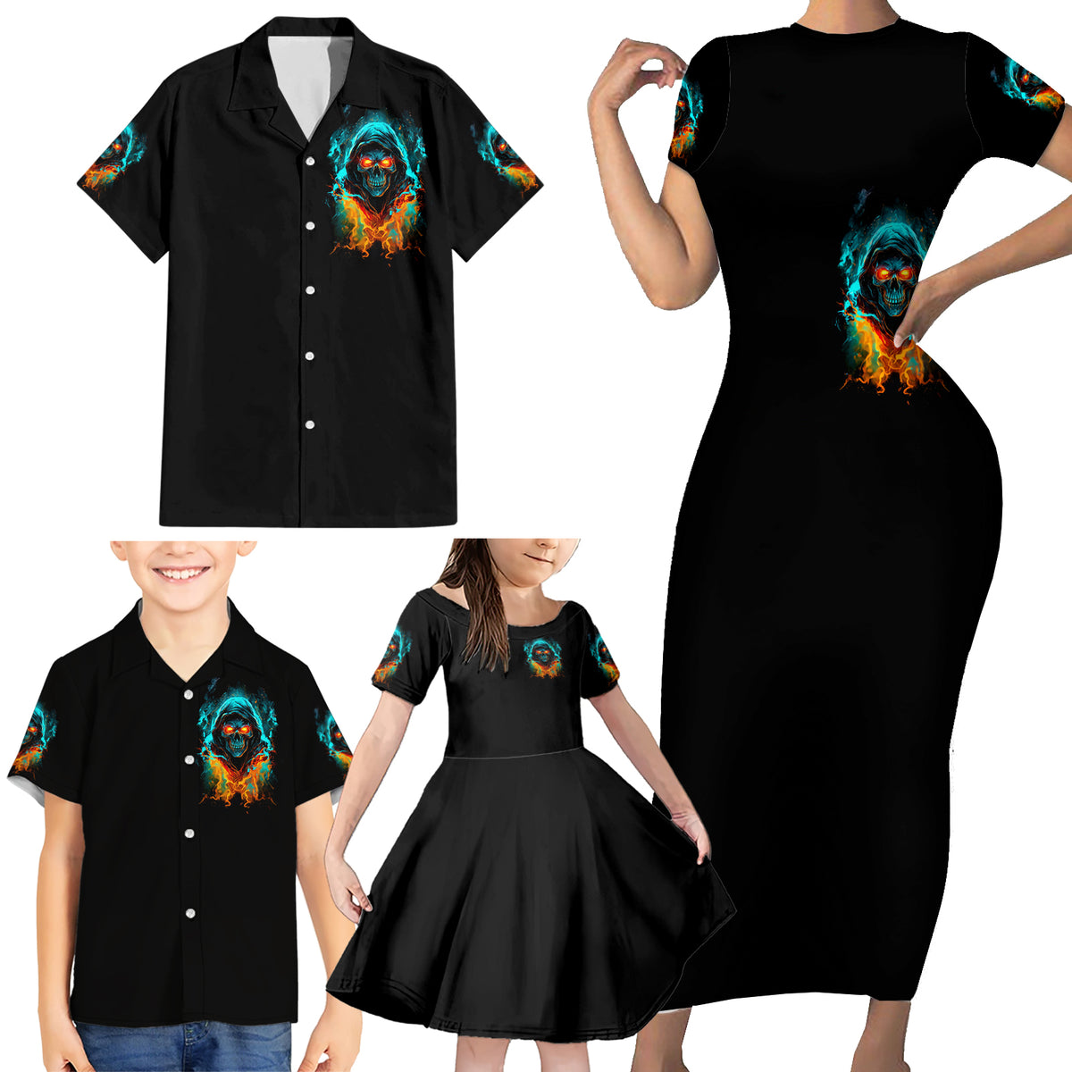 Flame Skull Family Matching Short Sleeve Bodycon Dress and Hawaiian Shirt Never Mistake My Kindness For Weakness The Beast In Me Is Sleeping Noe Dead - Wonder Print Shop