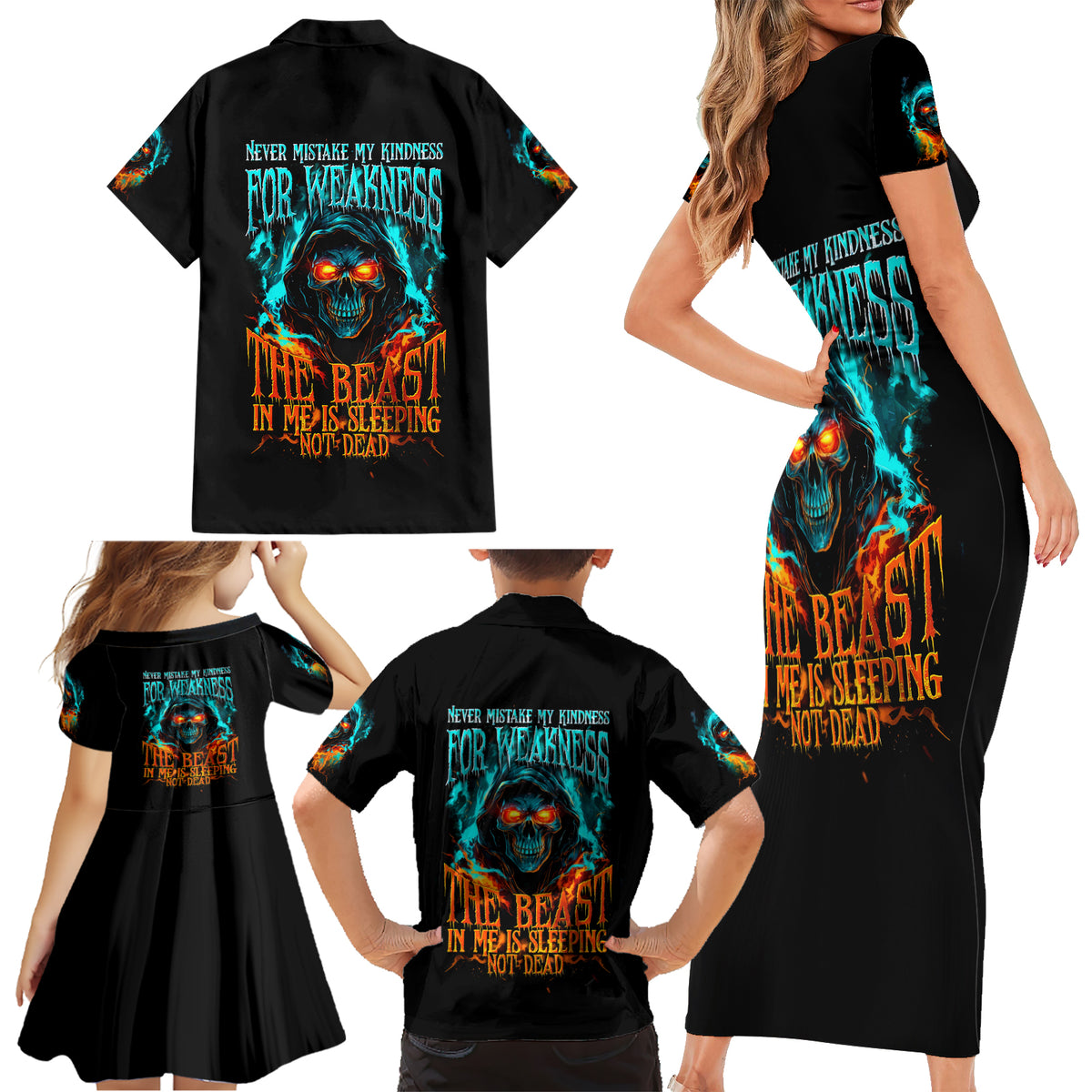Flame Skull Family Matching Short Sleeve Bodycon Dress and Hawaiian Shirt Never Mistake My Kindness For Weakness The Beast In Me Is Sleeping Noe Dead - Wonder Print Shop
