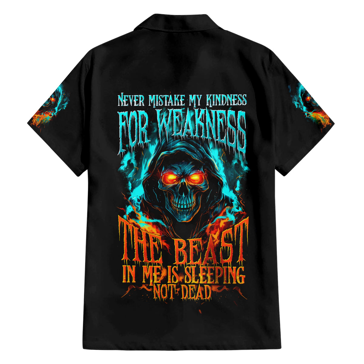 Flame Skull Family Matching Short Sleeve Bodycon Dress and Hawaiian Shirt Never Mistake My Kindness For Weakness The Beast In Me Is Sleeping Noe Dead - Wonder Print Shop