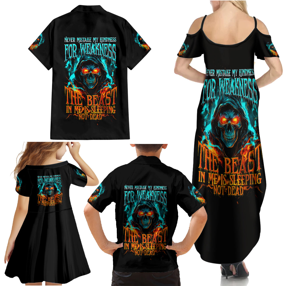 Flame Skull Family Matching Summer Maxi Dress and Hawaiian Shirt Never Mistake My Kindness For Weakness The Beast In Me Is Sleeping Noe Dead - Wonder Print Shop