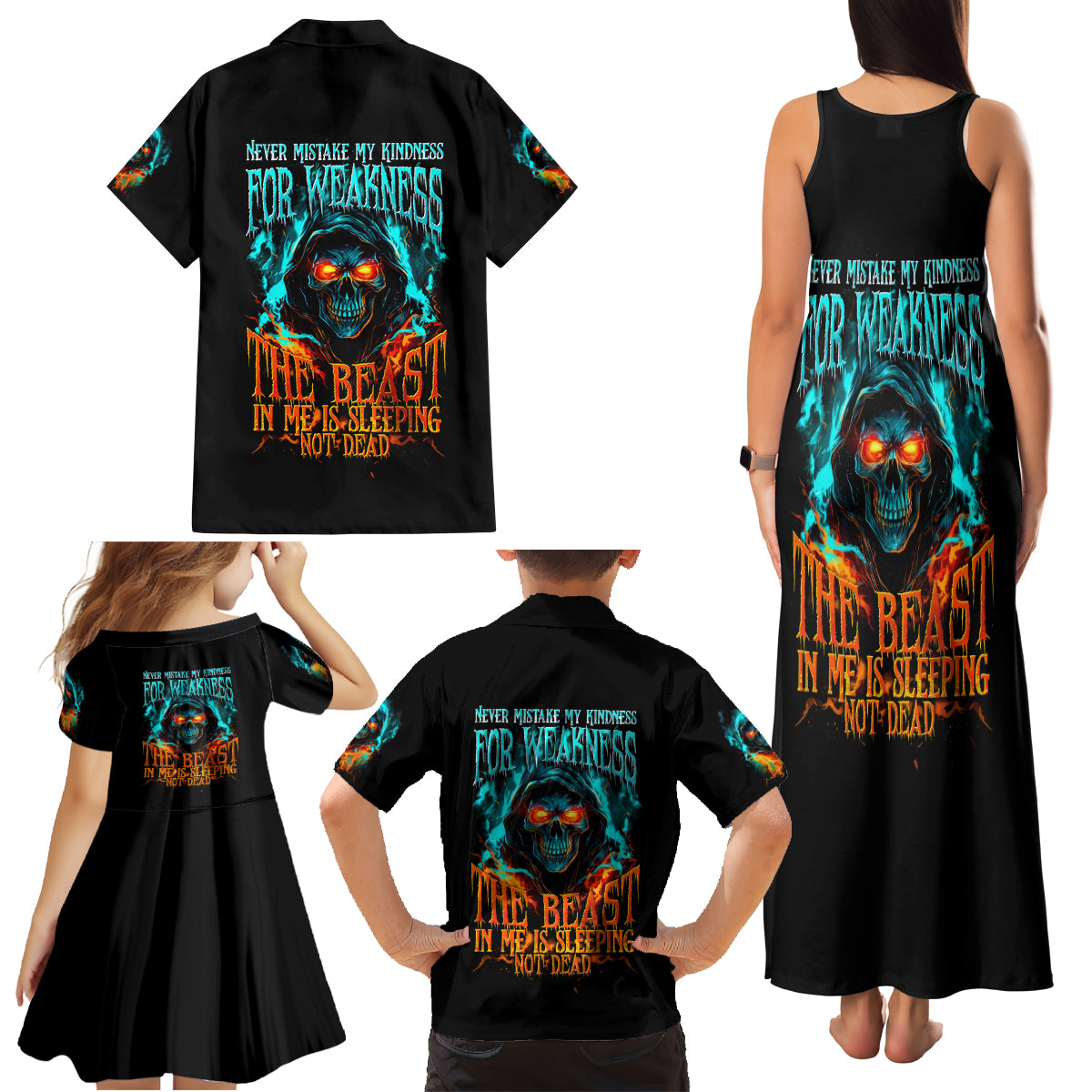 Flame Skull Family Matching Tank Maxi Dress and Hawaiian Shirt Never Mistake My Kindness For Weakness The Beast In Me Is Sleeping Noe Dead - Wonder Print Shop