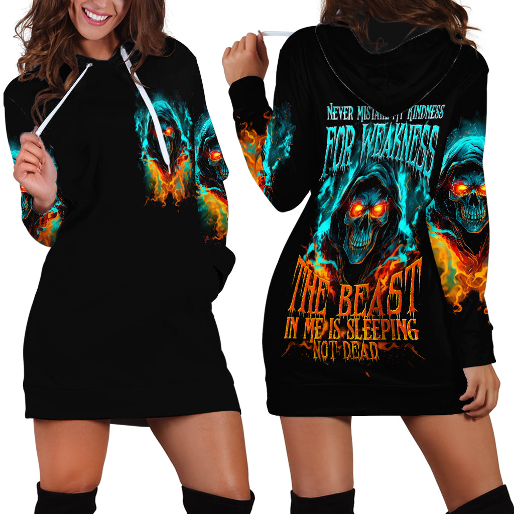 Flame Skull Hoodie Dress Never Mistake My Kindness For Weakness The Beast In Me Is Sleeping Noe Dead - Wonder Print Shop
