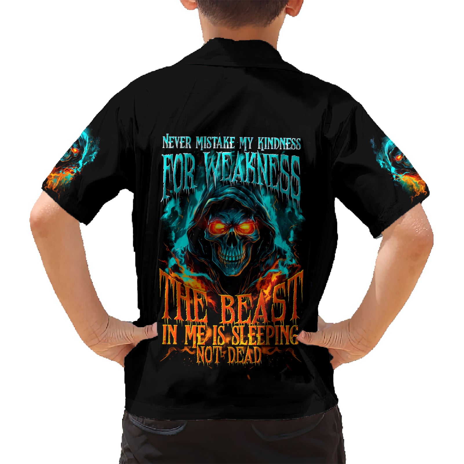Flame Skull Kid Hawaiian Shirt Never Mistake My Kindness For Weakness The Beast In Me Is Sleeping Noe Dead - Wonder Print Shop