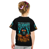 Flame Skull Kid T Shirt Never Mistake My Kindness For Weakness The Beast In Me Is Sleeping Noe Dead - Wonder Print Shop