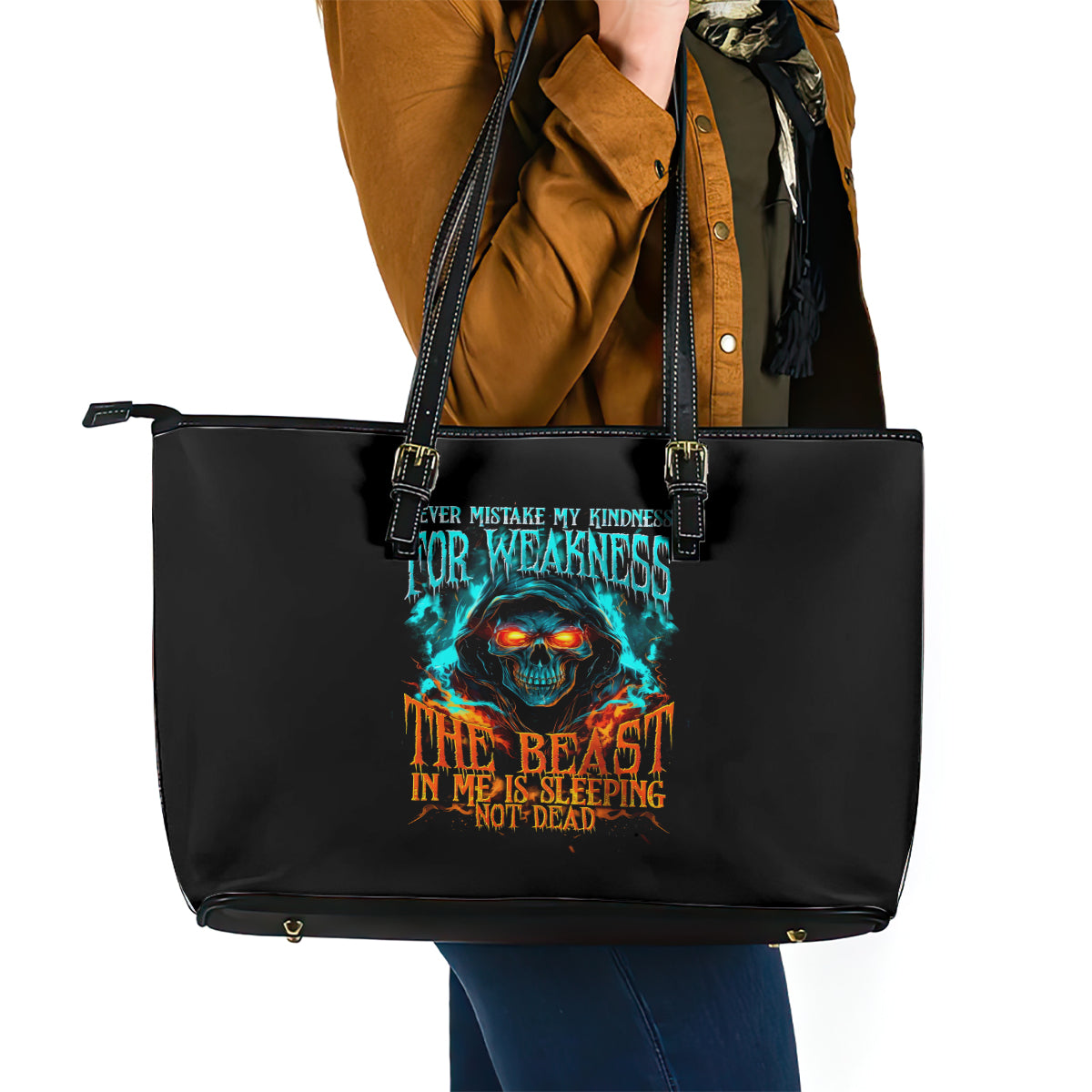 Flame Skull Leather Tote Bag Never Mistake My Kindness For Weakness The Beast In Me Is Sleeping Noe Dead - Wonder Print Shop