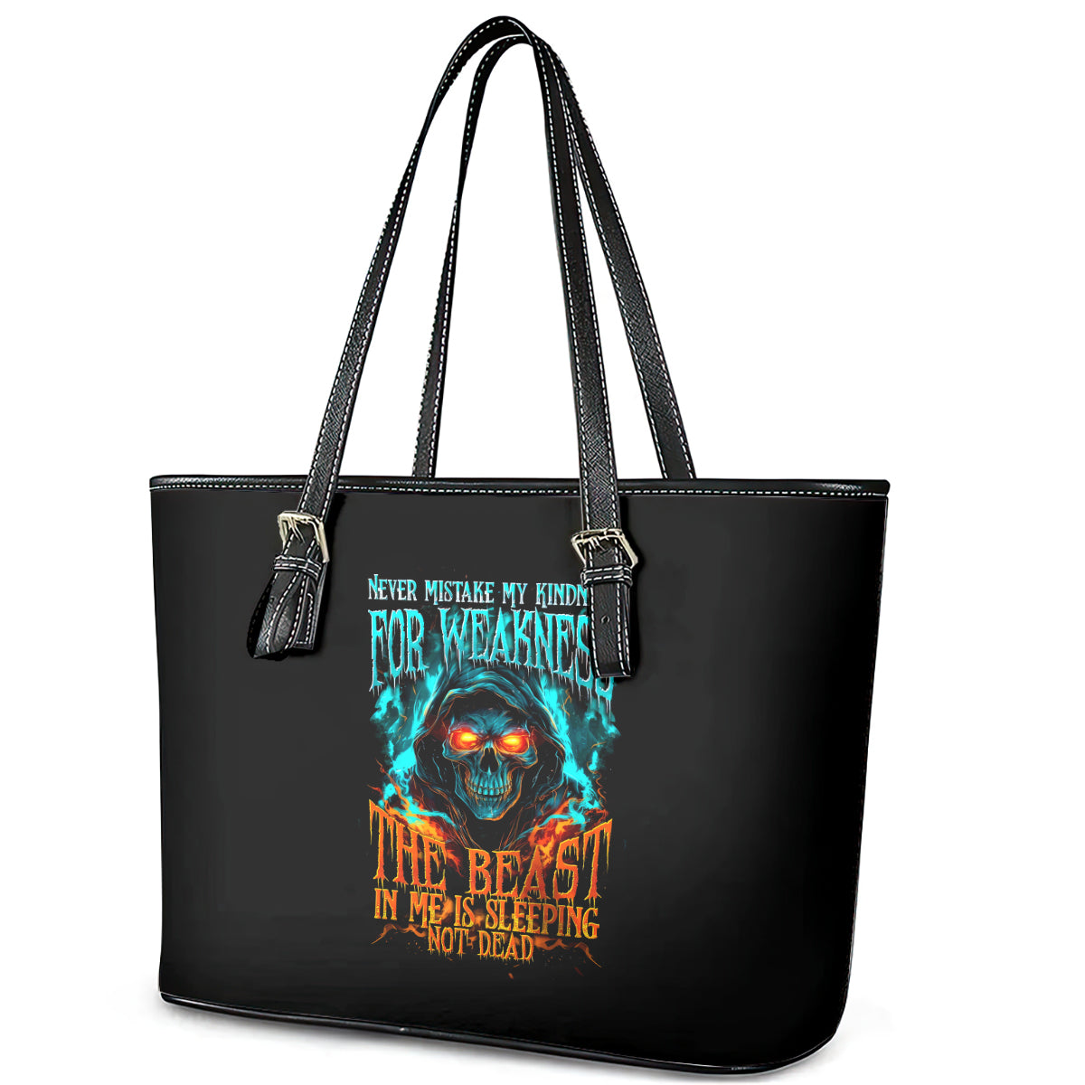 Flame Skull Leather Tote Bag Never Mistake My Kindness For Weakness The Beast In Me Is Sleeping Noe Dead - Wonder Print Shop